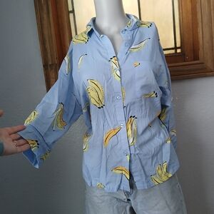 Blue Banana Print Button Down Shirt, Womens S HI/Lo 3/4 Sleeves